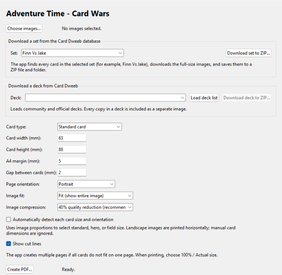 Screenshot of the Card Wars PDF Creator print studio